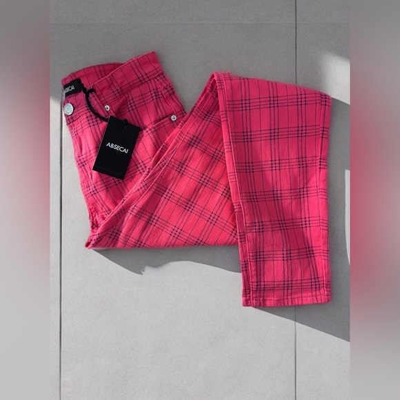 NWT Mens Skinny Slim Fit Comfy Denim Stretch Pants Pink/Black Plaid Size 30 - Picture 6 of 8